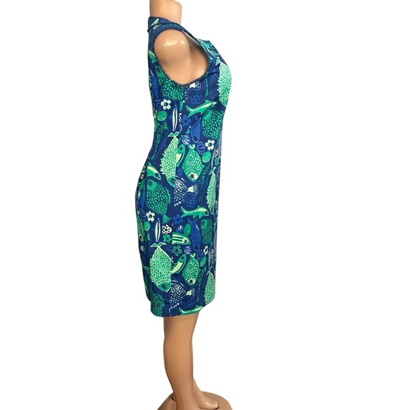 Talbots Blue & Green Fish Print Sheath Dress Cotton Blend - Picture 4 of 9